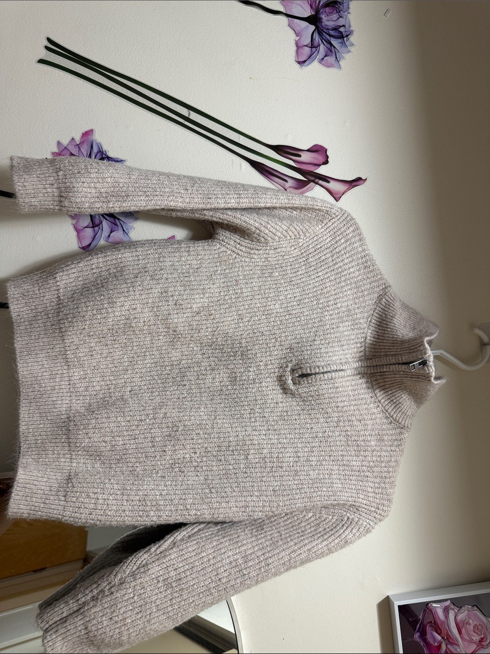 Zara Neutral Beige Ribbed Half-Zip Turtleneck Sweater